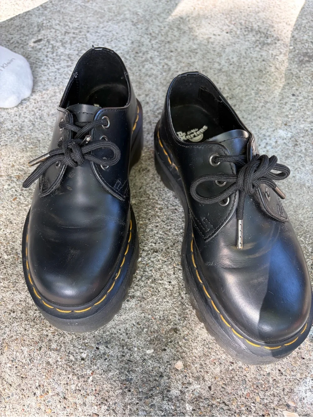 Dr. Martens Black Leather Platform Oxfords with Yellow Stitching